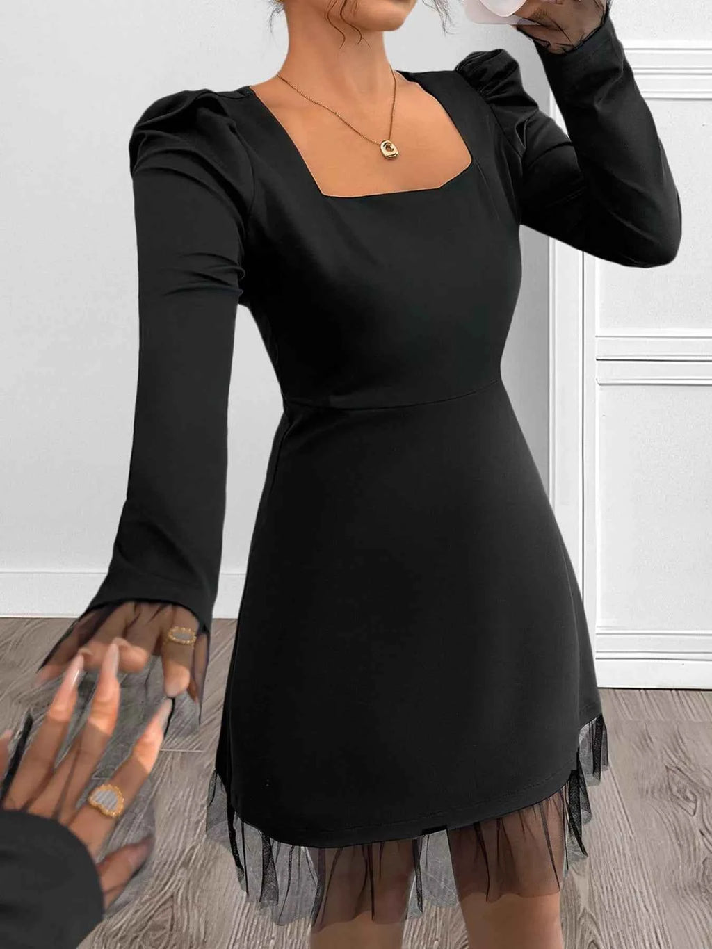 Black Square-Neck Puff-Sleeve Mesh-Hem Dress
