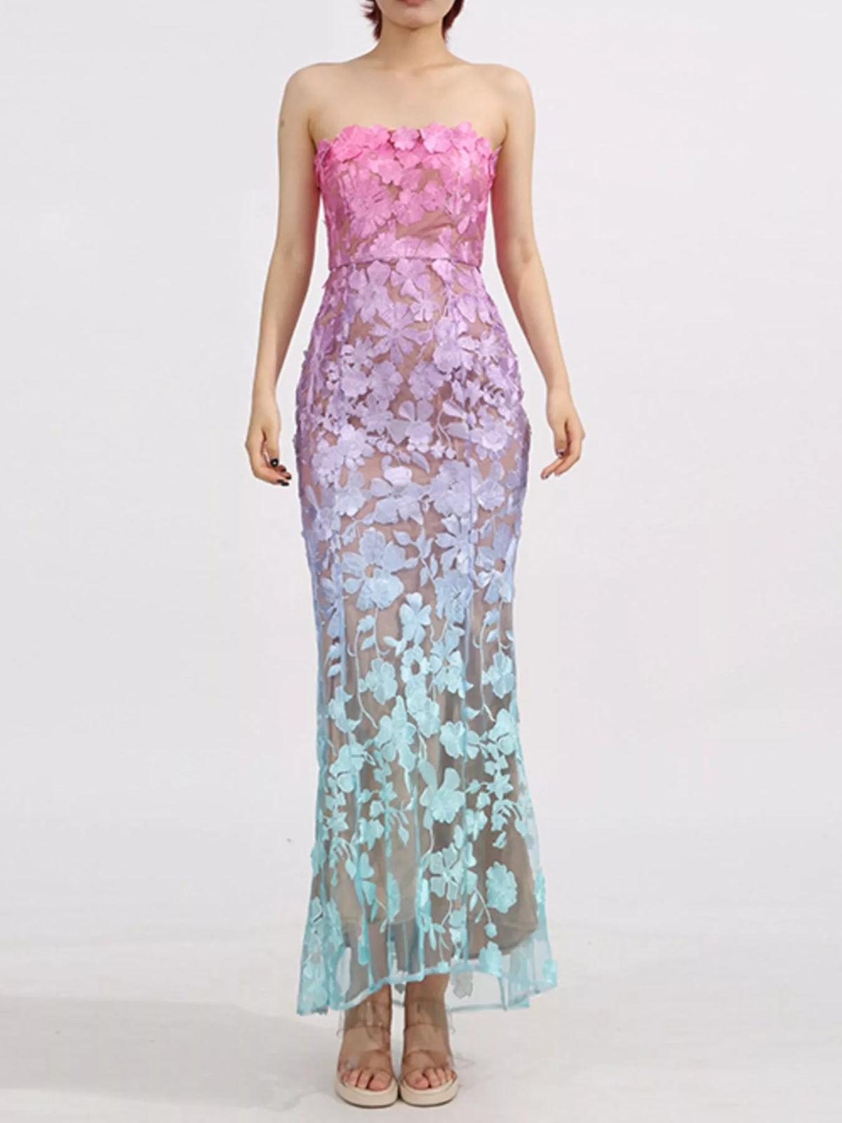Floral-Embroidered Tube Maxi Dress