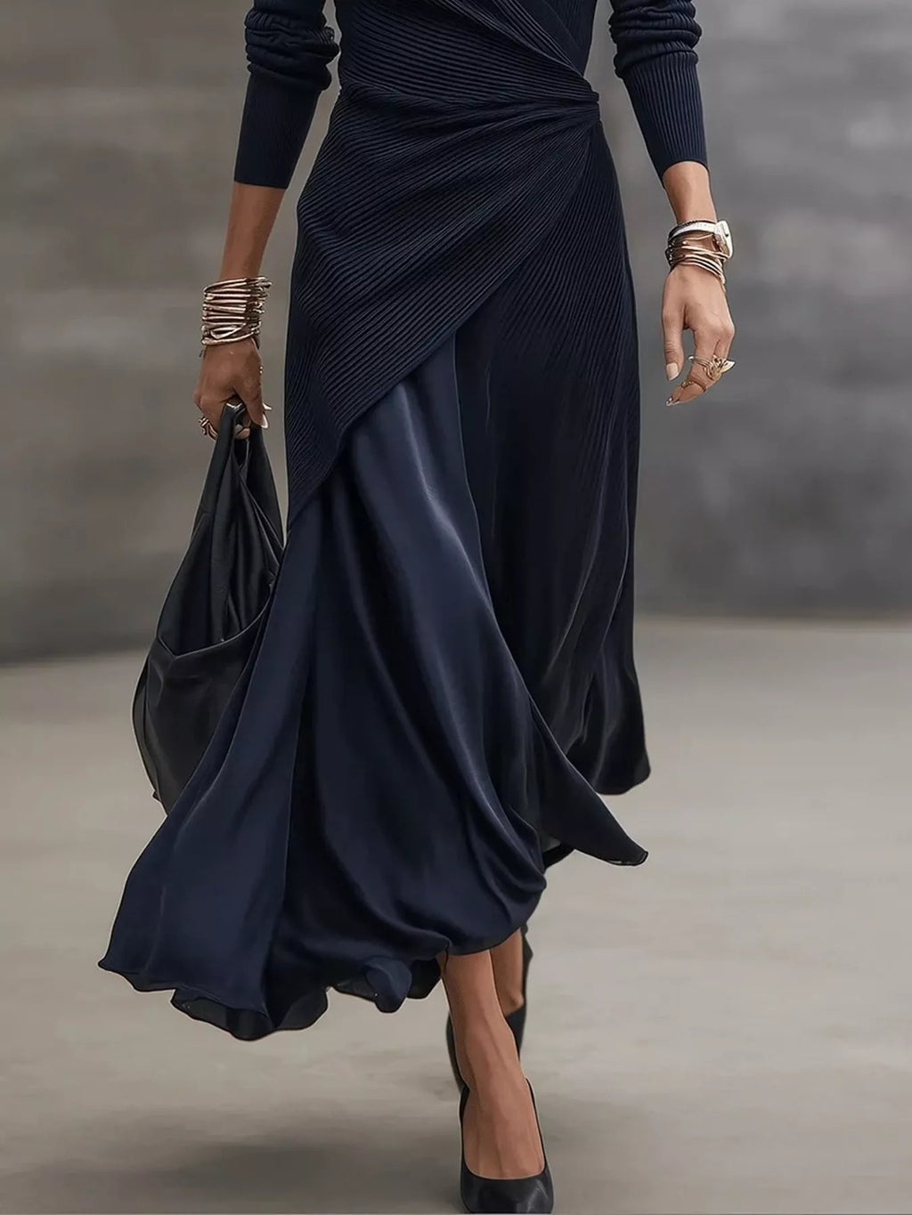 Navy Surplice Long-Sleeve Ruched Midi Dress