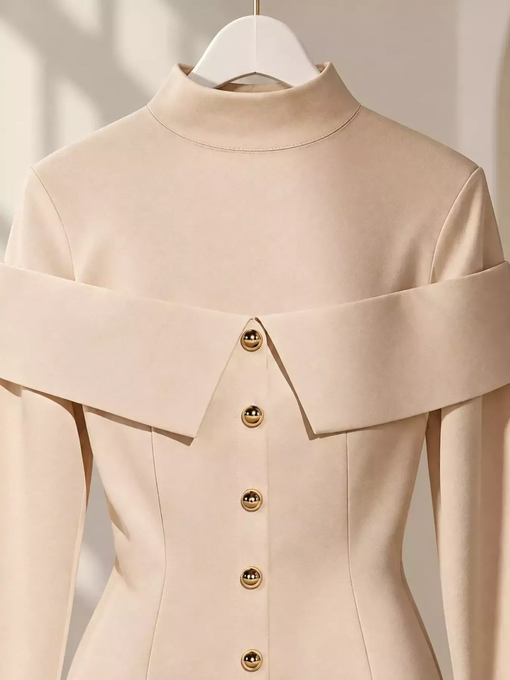 Mock-Neck Button-Detail Mini Dress