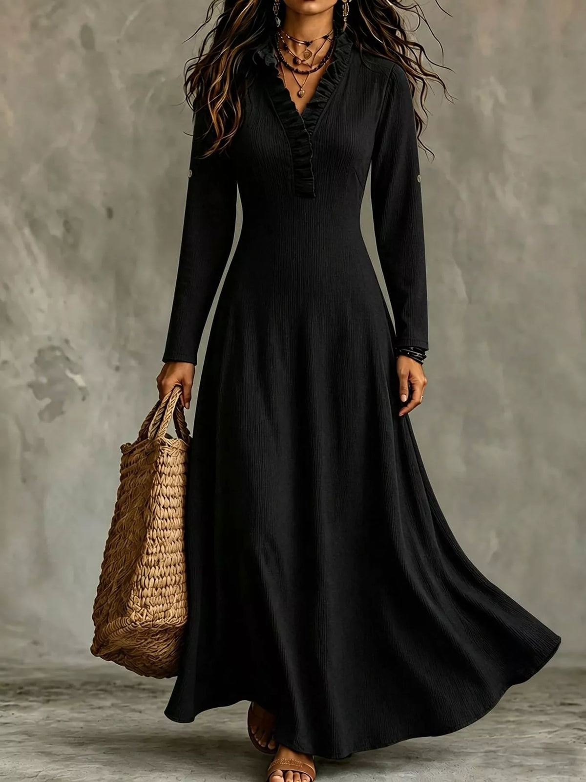 Frill V-Neck Roll-Tab Sleeve Maxi Dress, XS–3XL