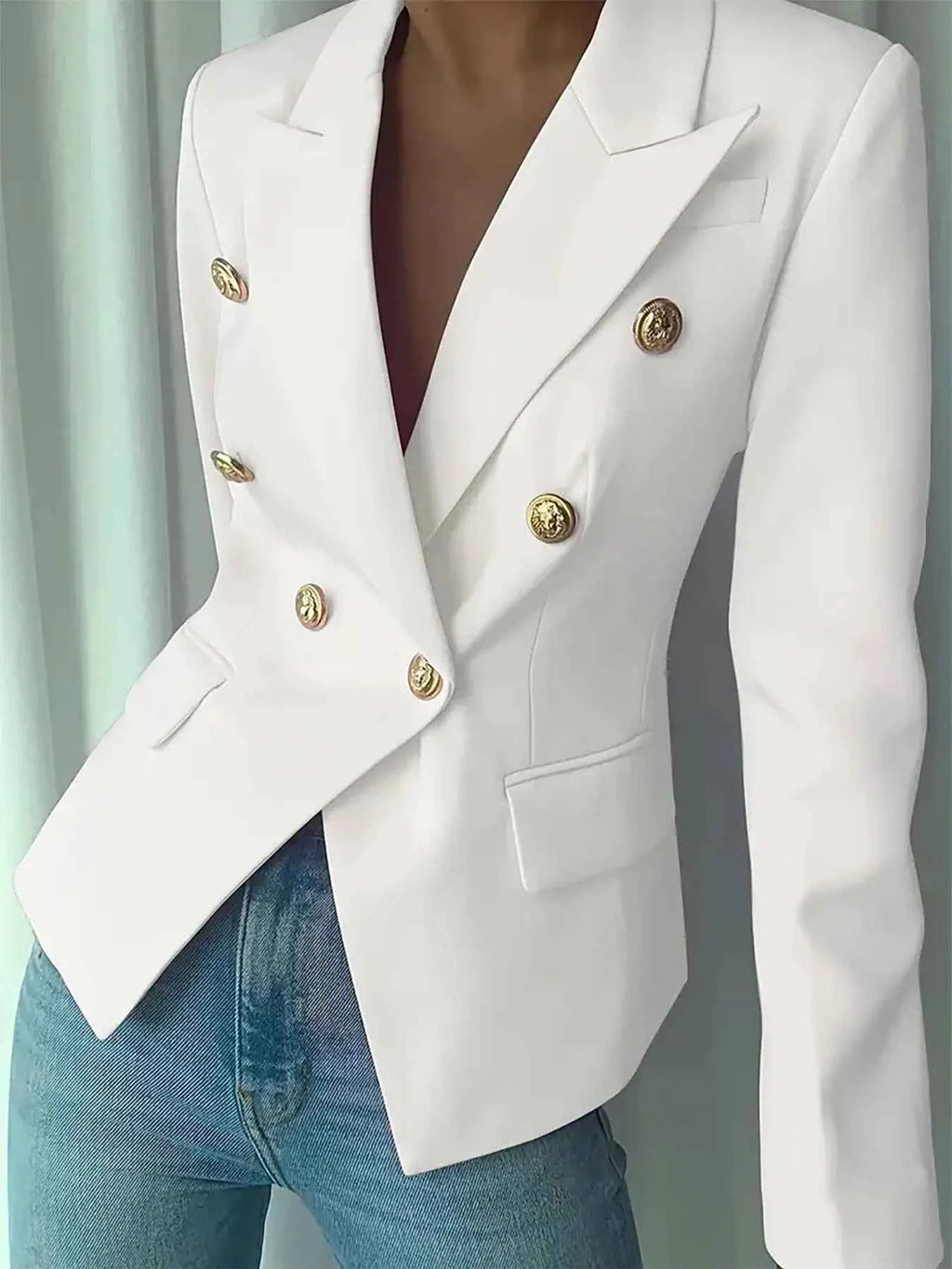 Decorative-Button Double-Breasted Blazer
