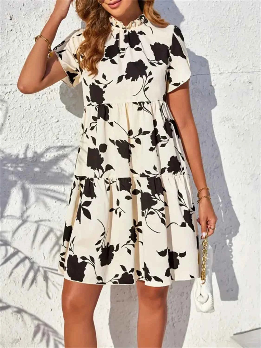 Black Floral Short-Sleeve Tiered Dress