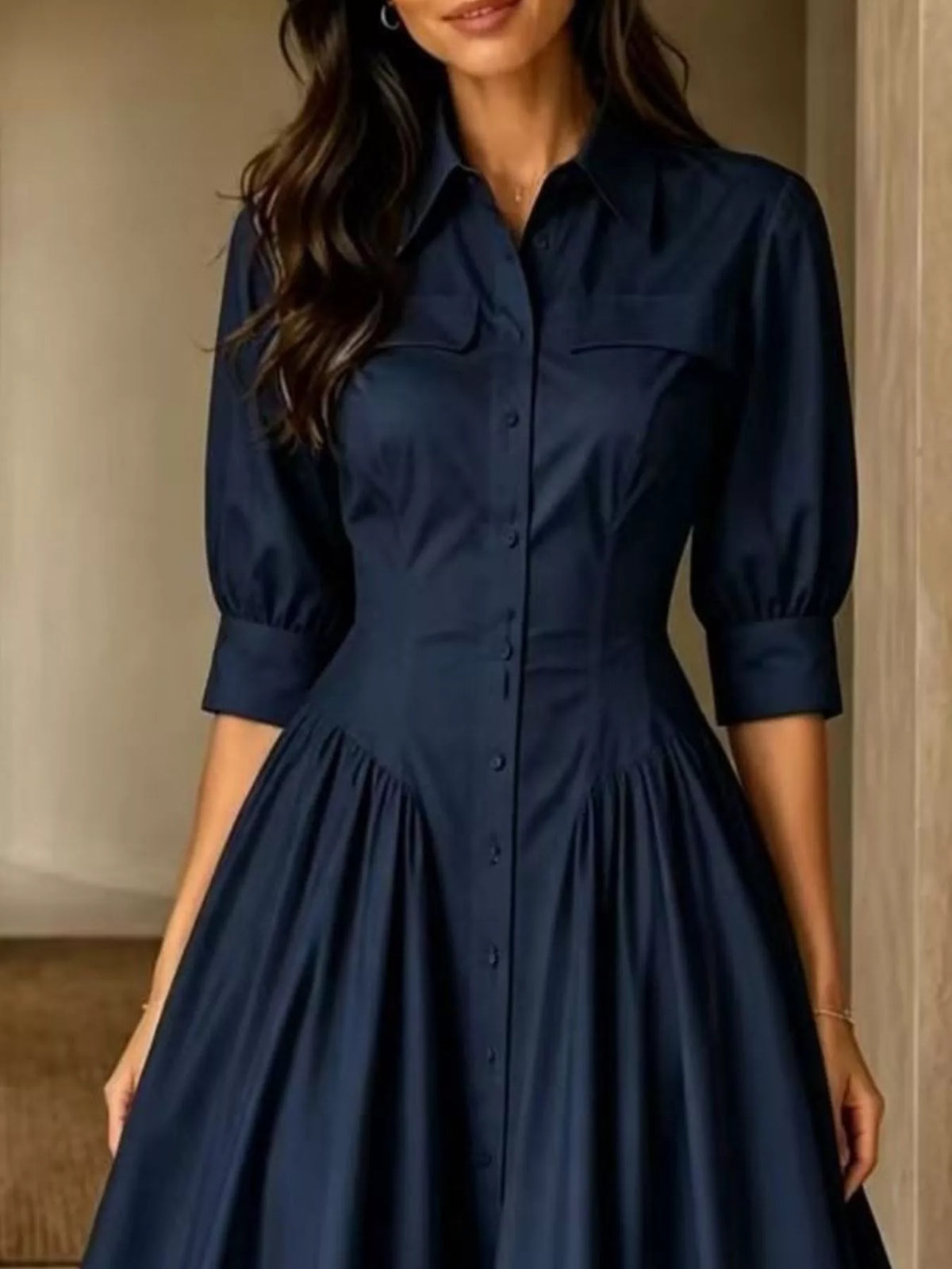 Collared Cinched-Waist Button-Front Midi Dress