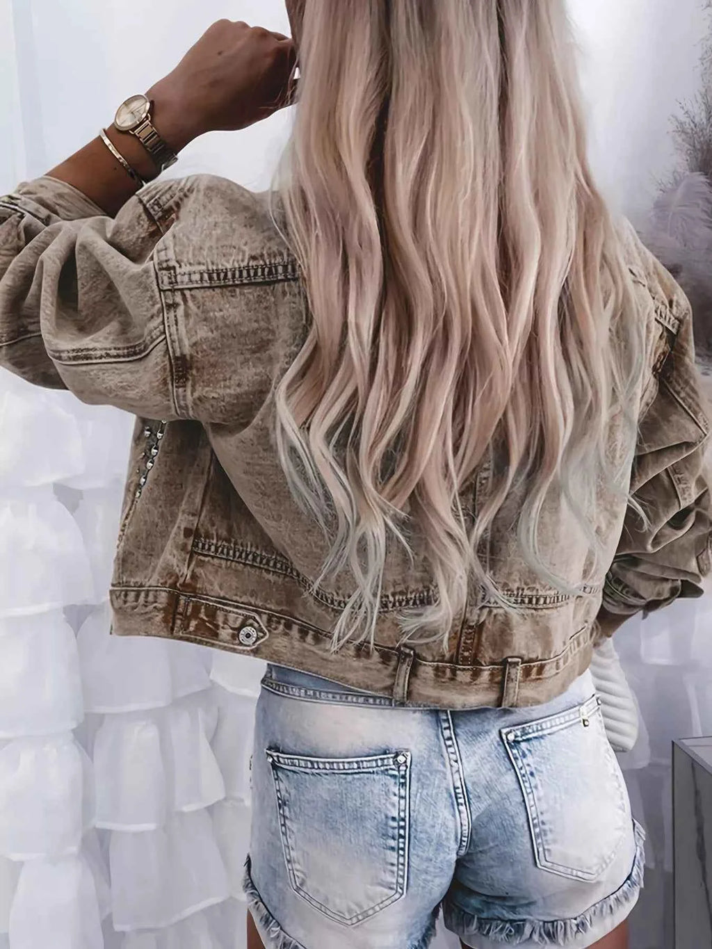 Studded Button-Up Washed Denim Jacket
