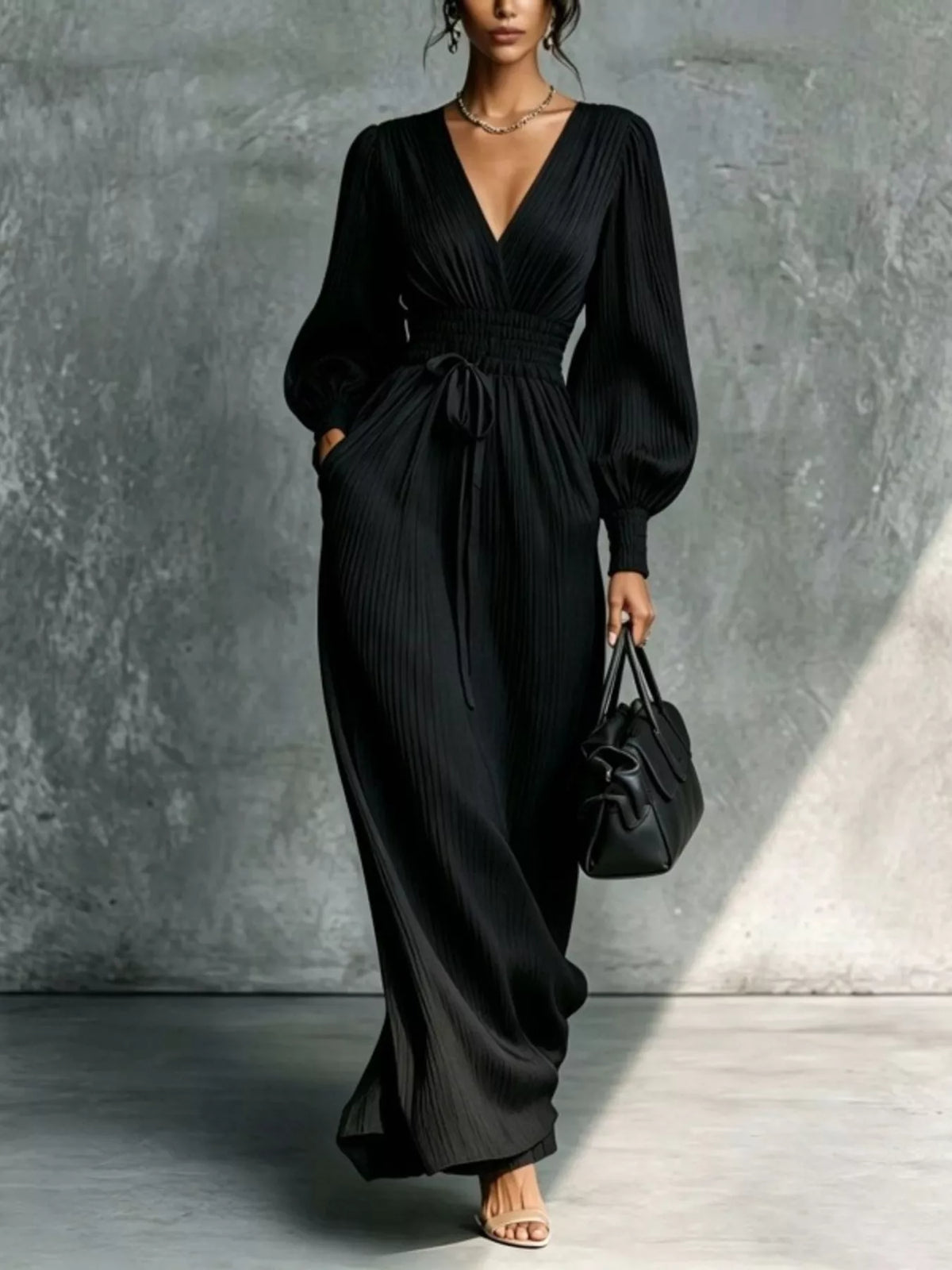 Pleated V-Neck Tie-Waist Maxi Dress
