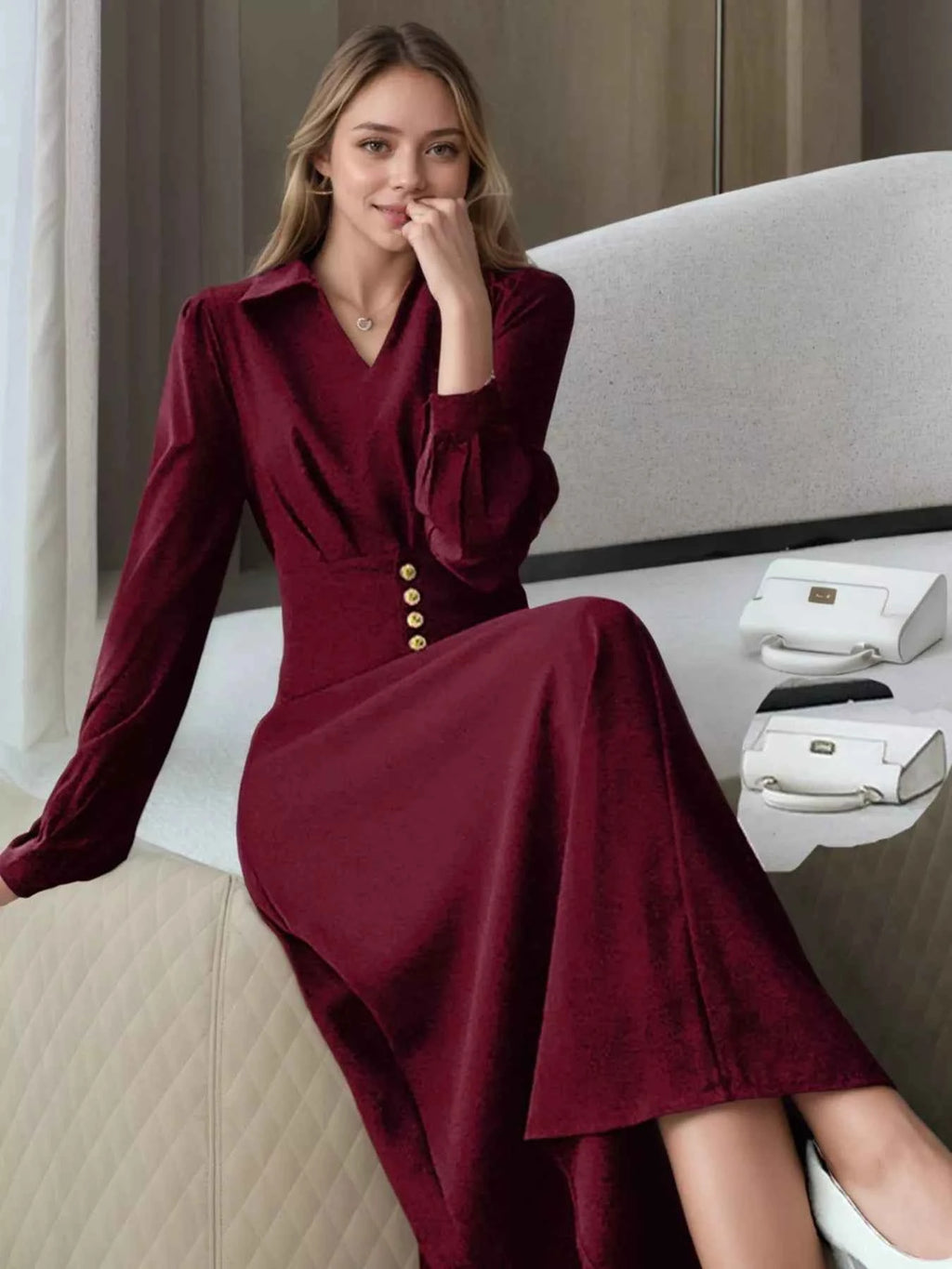 Burgundy Johnny-Collar Long-Sleeve Dress