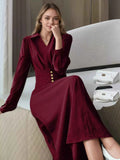 Burgundy Johnny-Collar Long-Sleeve Dress