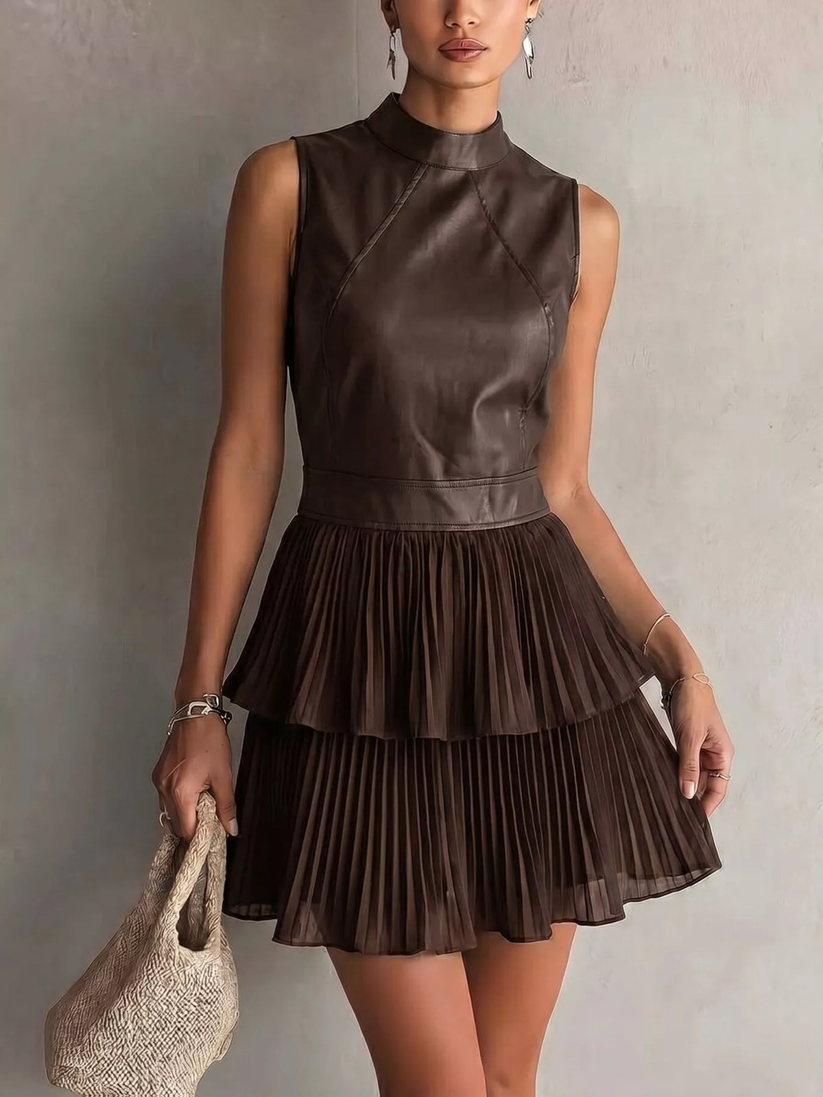 Sleeveless Faux-Leather Bodice Tiered Pleated Mini Dress