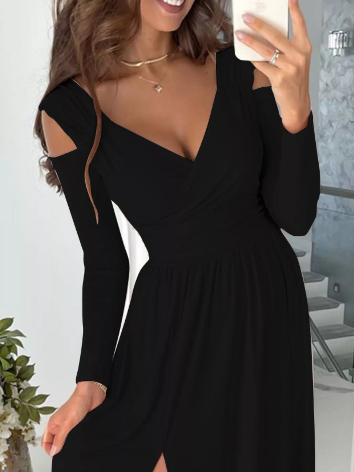 Surplice Cold-Shoulder Slit Maxi Dress
