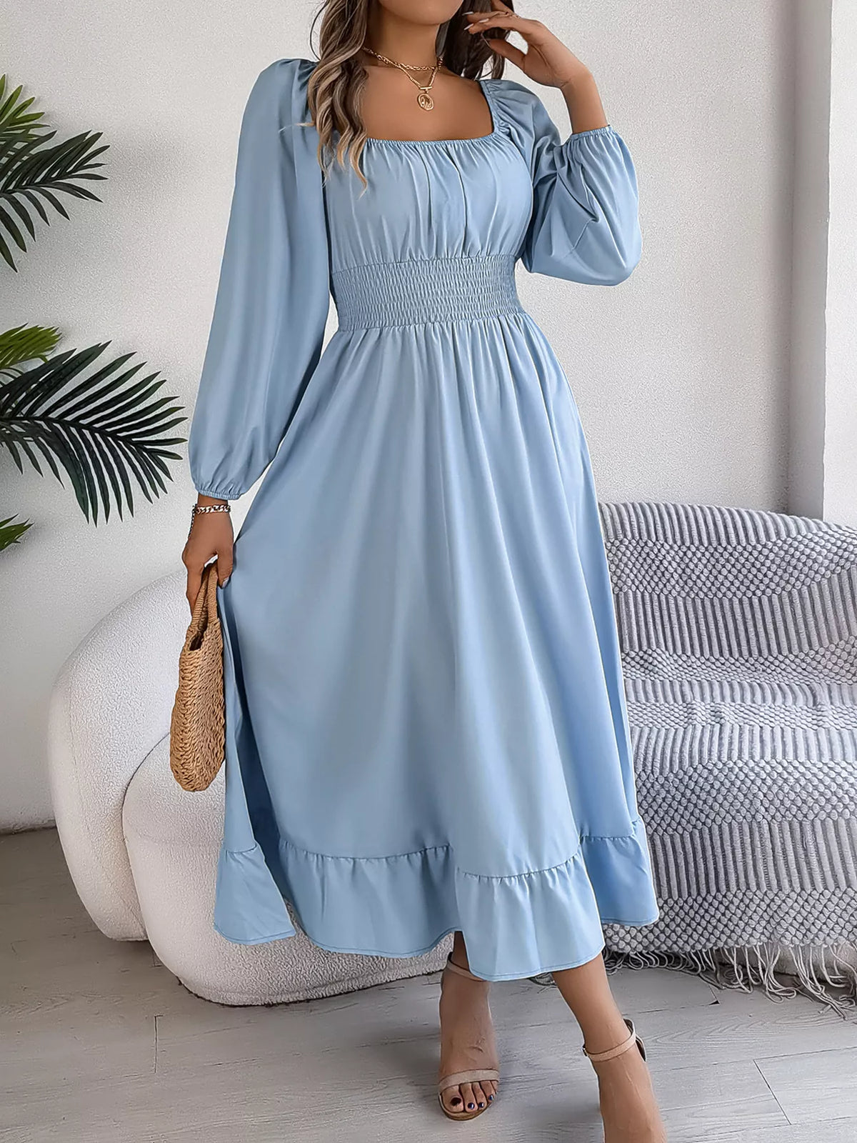 Square-Neck Smocked-Waist Long-Sleeve Midi Dress
