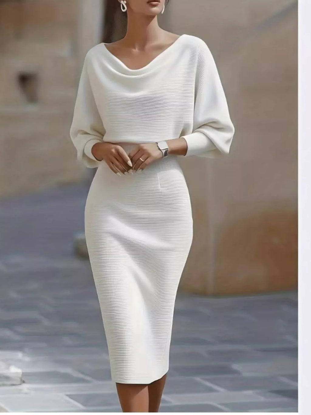 Cowl-Neck Knit Bodycon Midi Dress