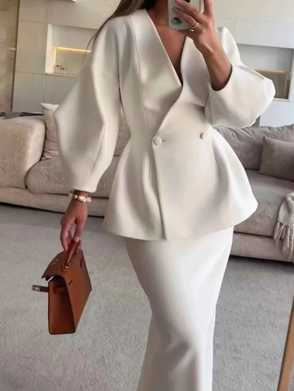 Milky White Peplum Blazer & Skirt Set