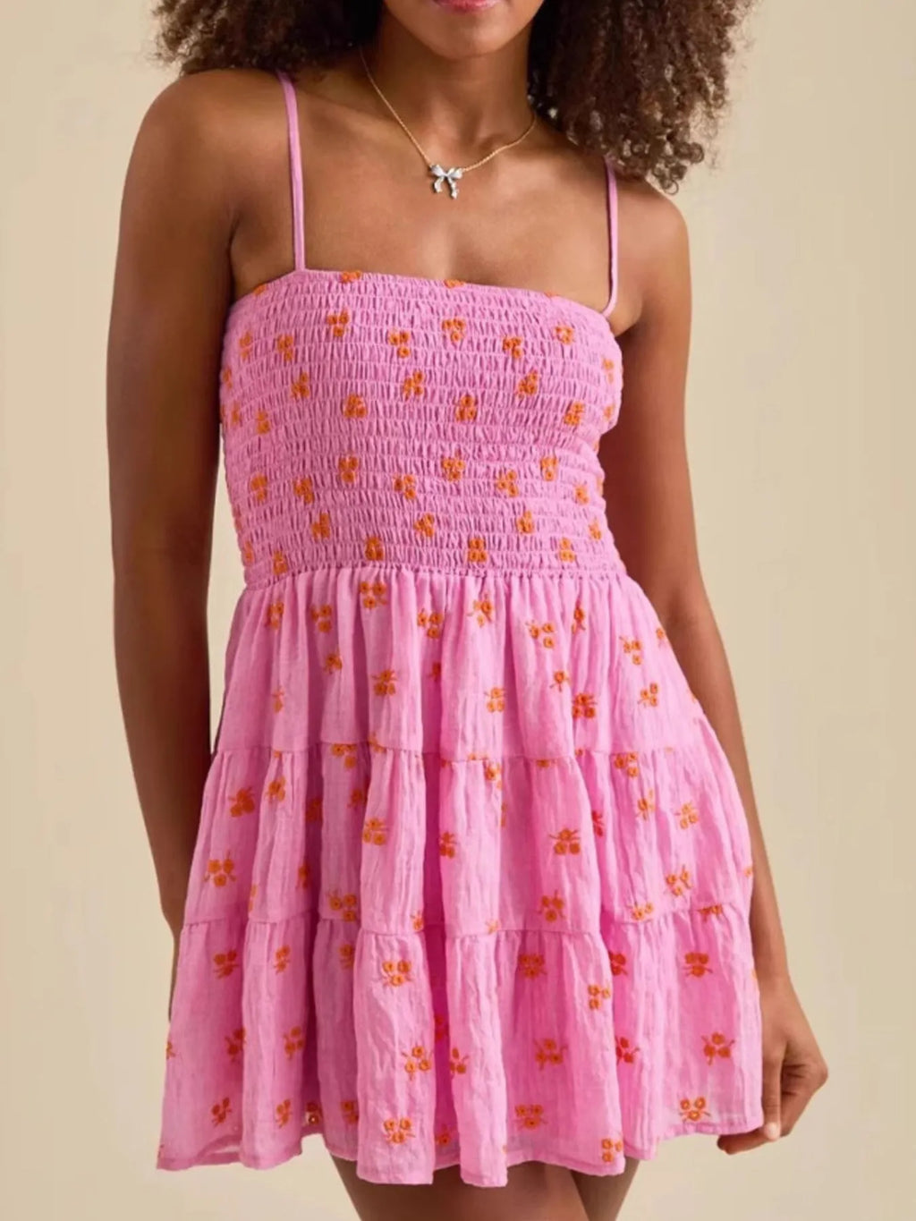 Pink Floral Smocked Tiered Cami Mini Dress