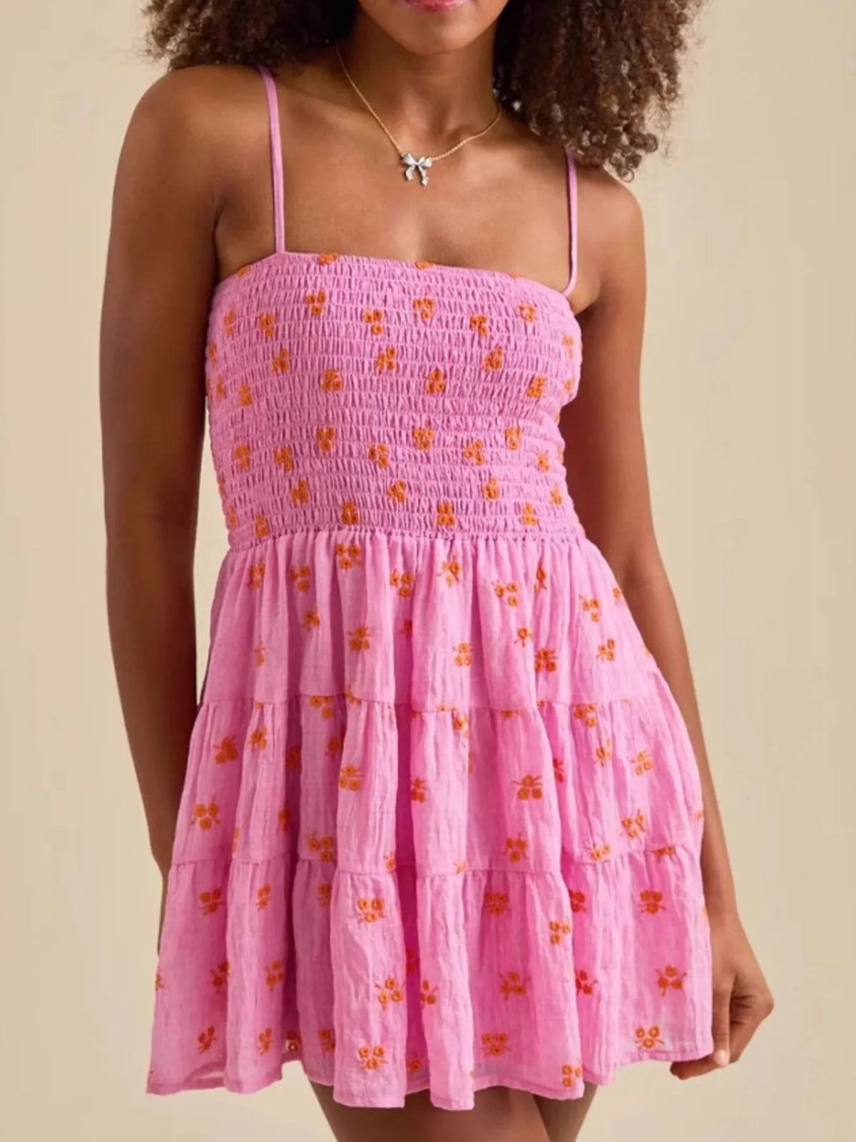 Pink Floral Smocked Tiered Cami Mini Dress