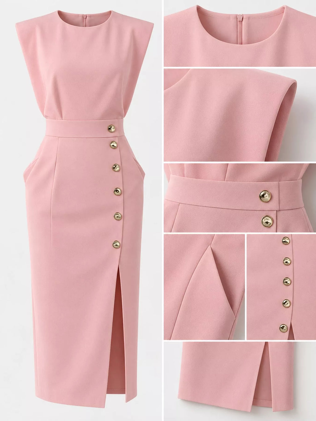 Sleeveless Gold-Tone Button-Detail Midi Dress