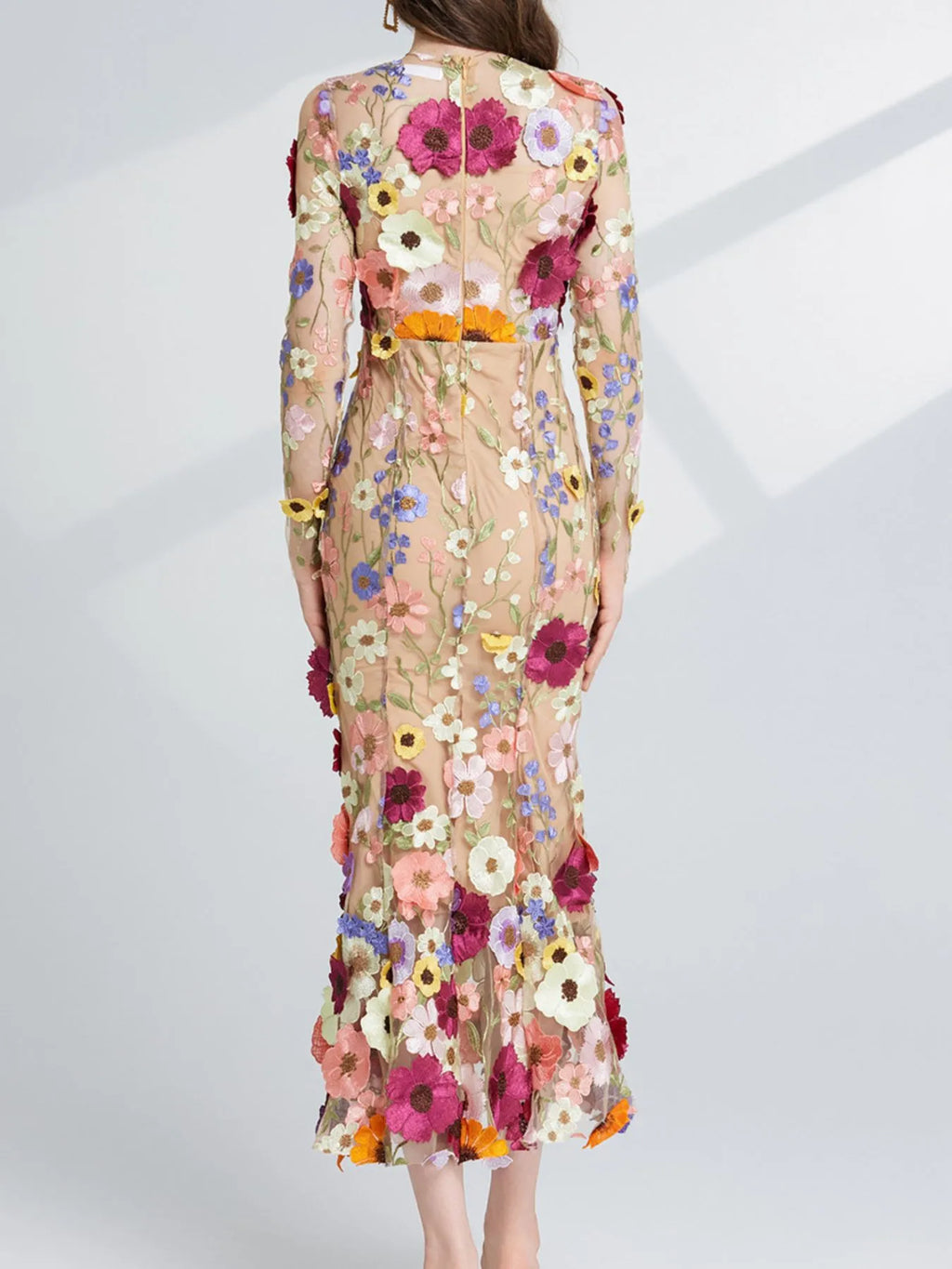 Floral-Embroidered Mesh Long-Sleeve Midi Dress