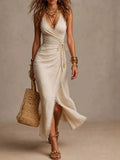 Lace-Trim Sleeveless Wrap-Look Maxi Dress