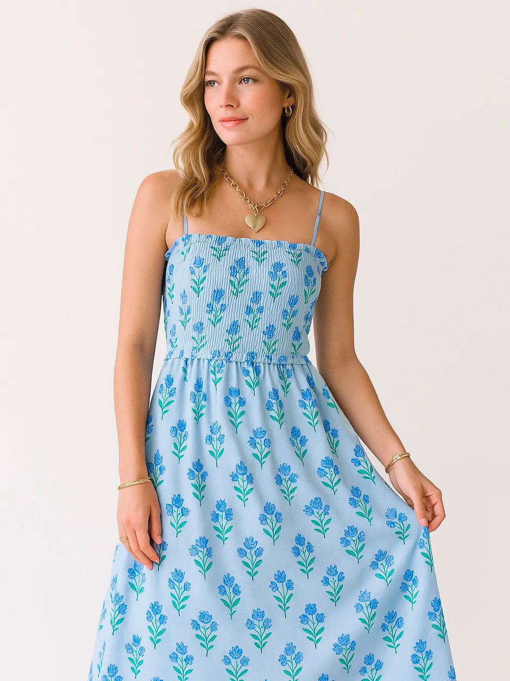 Floral Smocked Adjustable-Strap Midi Dress