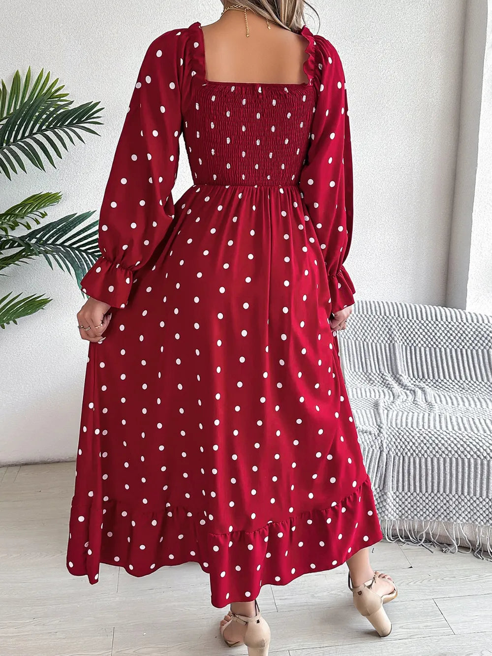 Polka-Dot Square-Neck Smocked Flounce-Sleeve Midi Dress