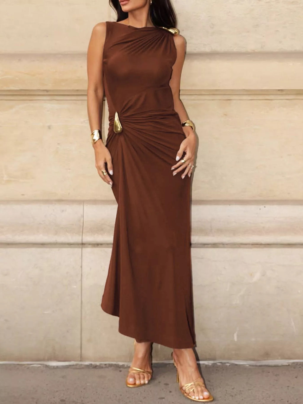 Draped Sleeveless Maxi Dress with Gold-Tone Accents