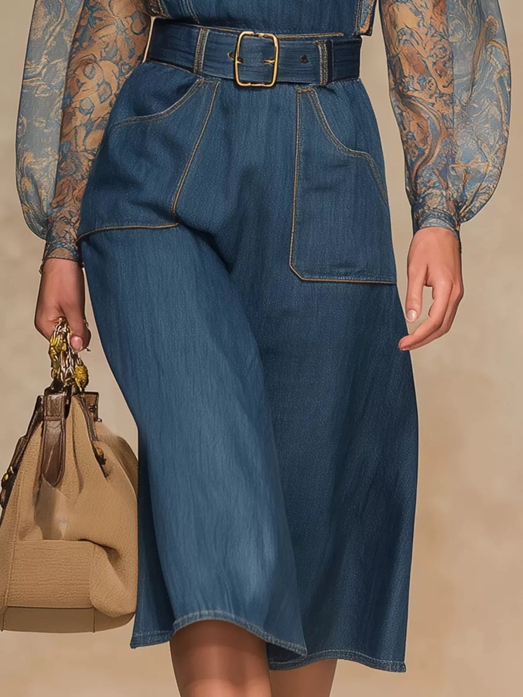 Sheer Floral-Sleeve Denim-Look Dress
