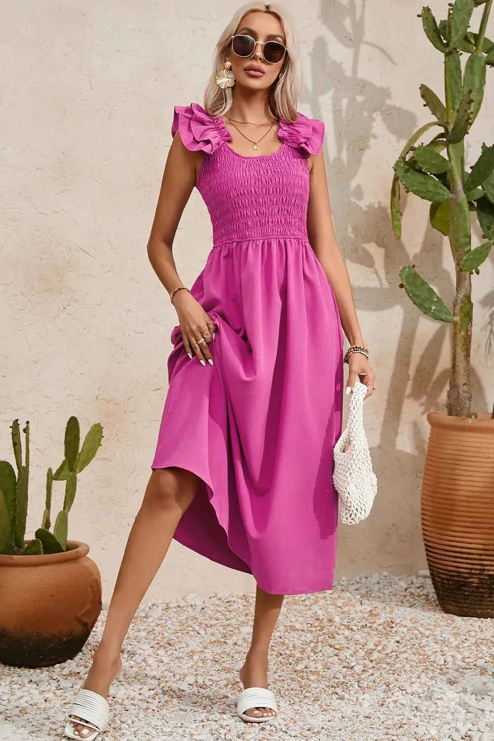 Hot Pink Smocked Ruffle-Strap Midi Dress