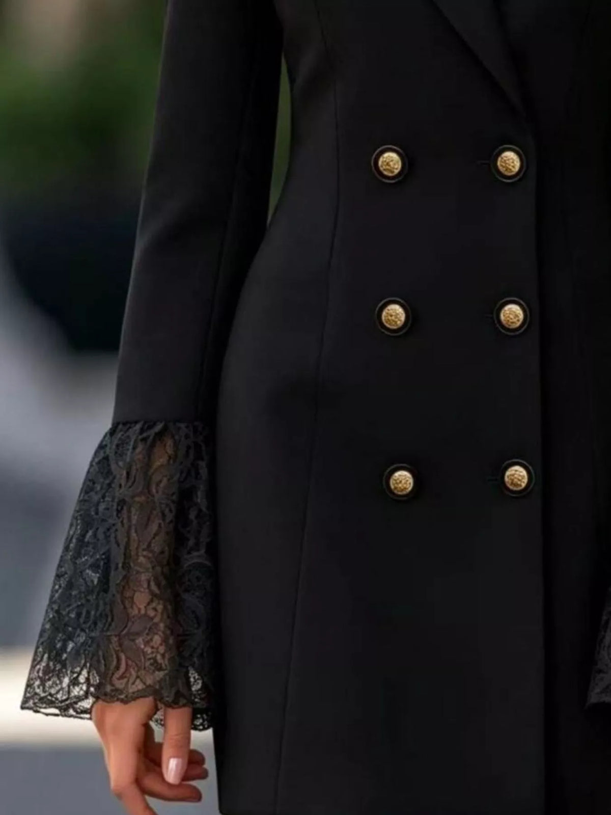 Double-Breasted Blazer Dress with Lace Flare Cuffs
