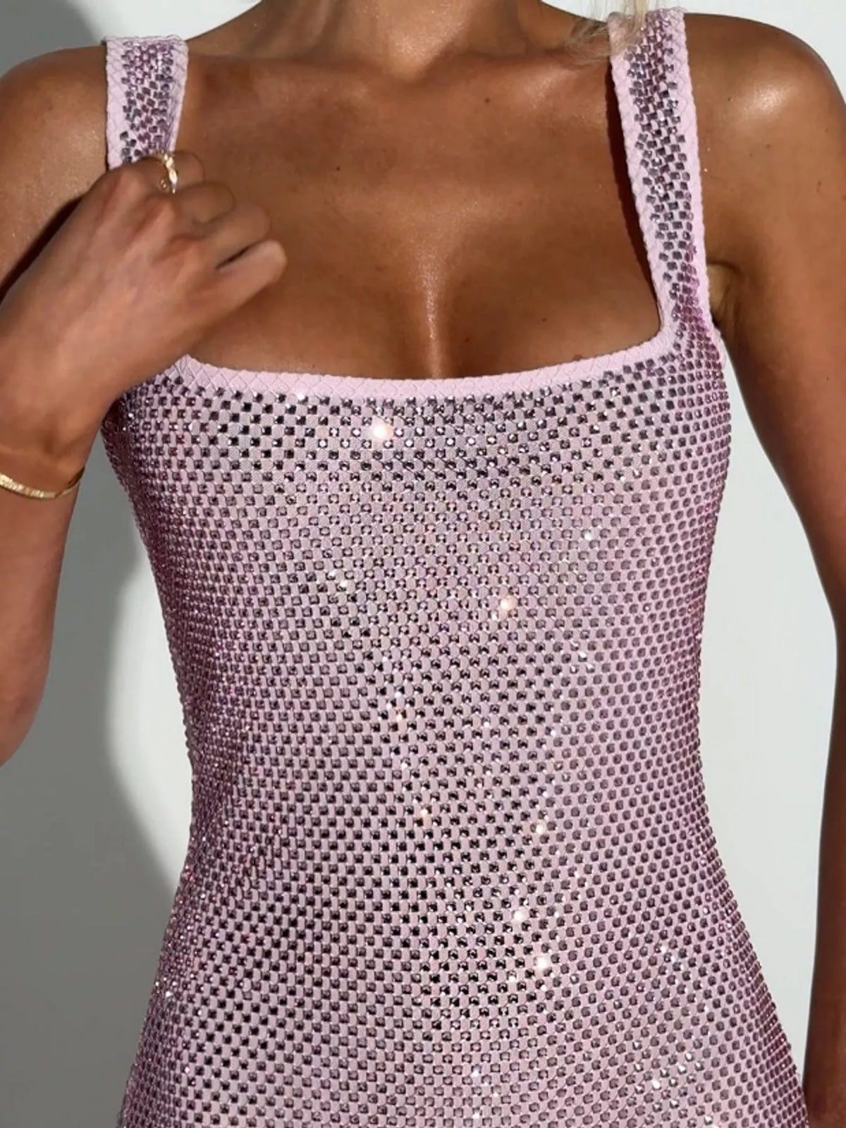 Backless Rhinestone Mesh Bodycon Mini Dress