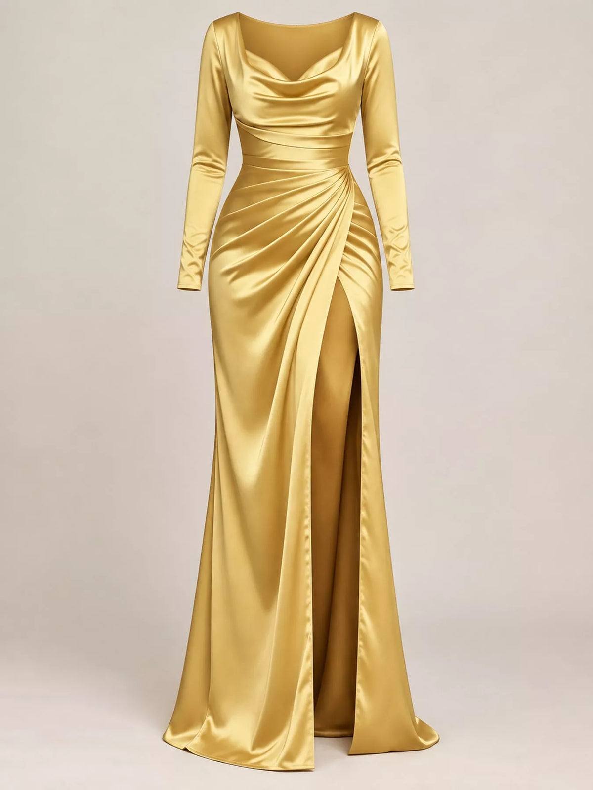 Satin Cowl-Neck Ruched High-Slit Maxi Dress