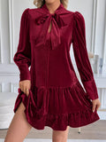 Perfee Burgundy Tie-Neck Velvet Tiered Mini Dress