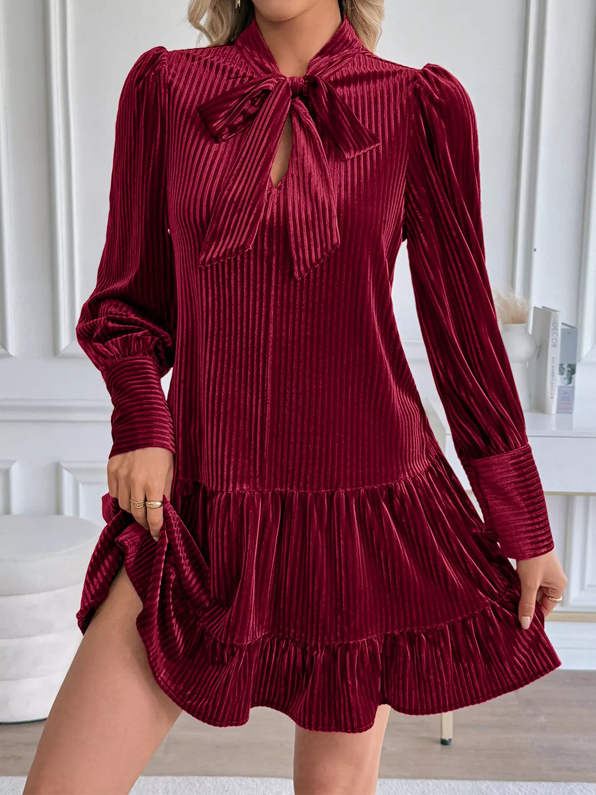Perfee Burgundy Tie-Neck Velvet Tiered Mini Dress