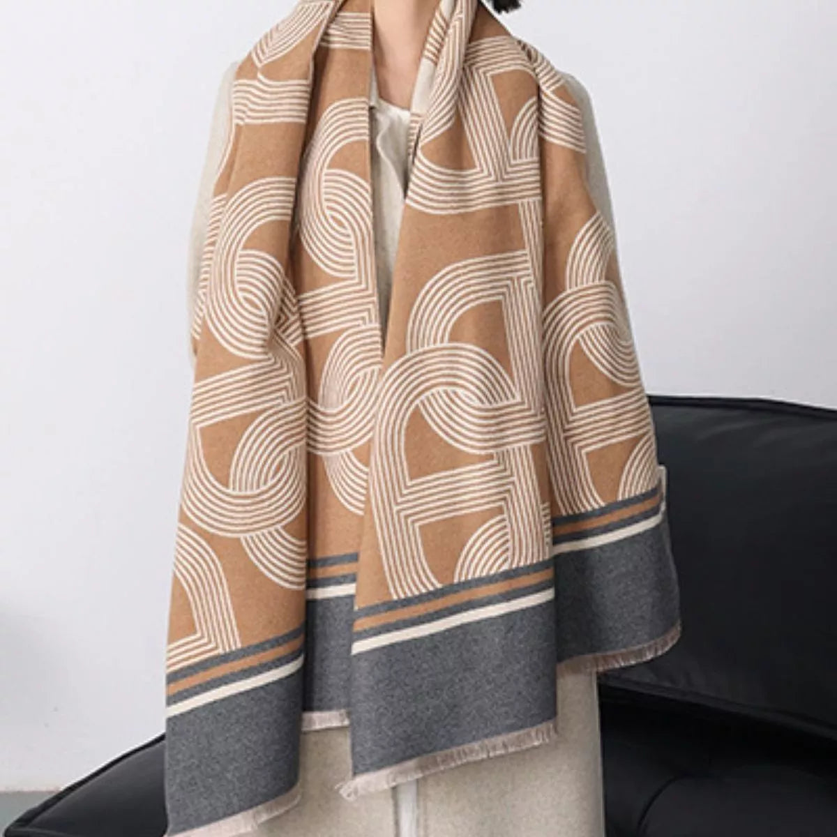 Geometric-Print Cotton Raw-Hem Scarf