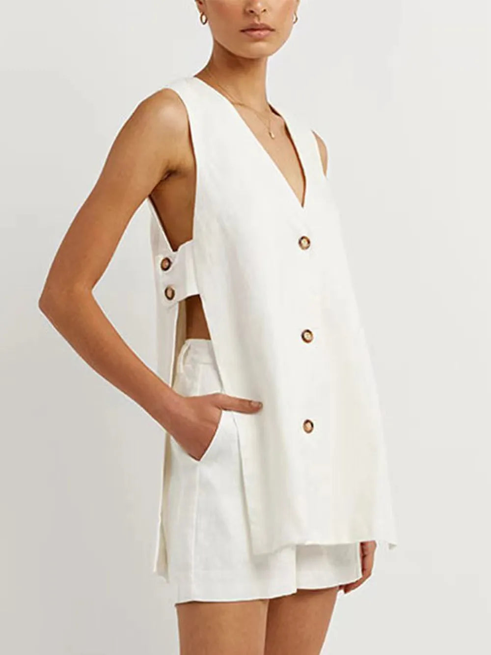 Cotton Button-Front Sleeveless Top & Shorts Set