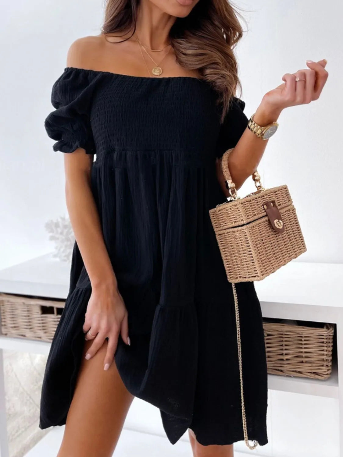Smocked Off-Shoulder Short-Sleeve Mini Dress
