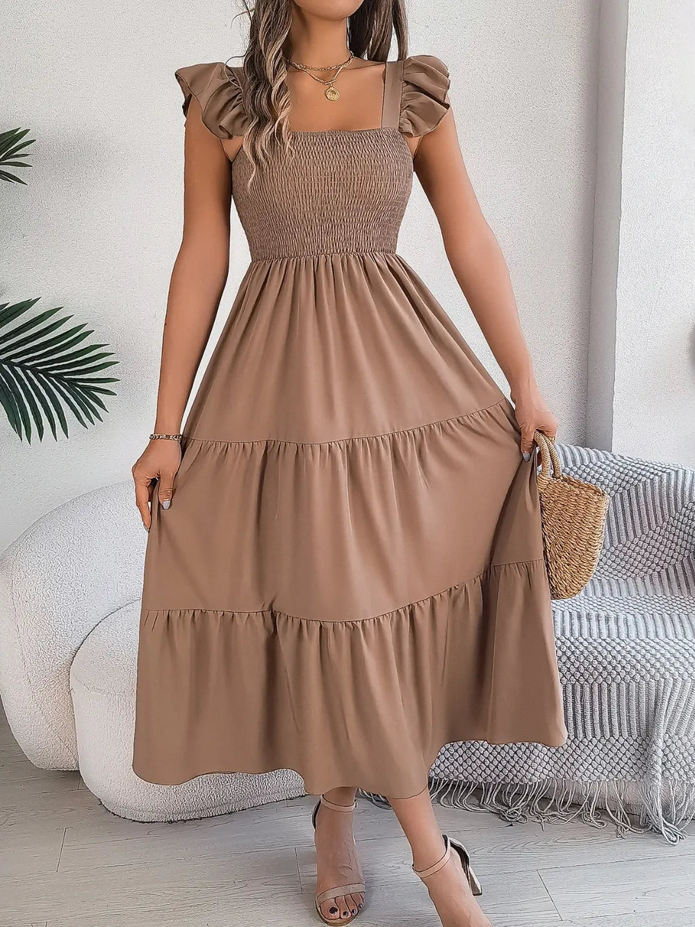 Smocked Square-Neck Cap-Sleeve Midi Dress