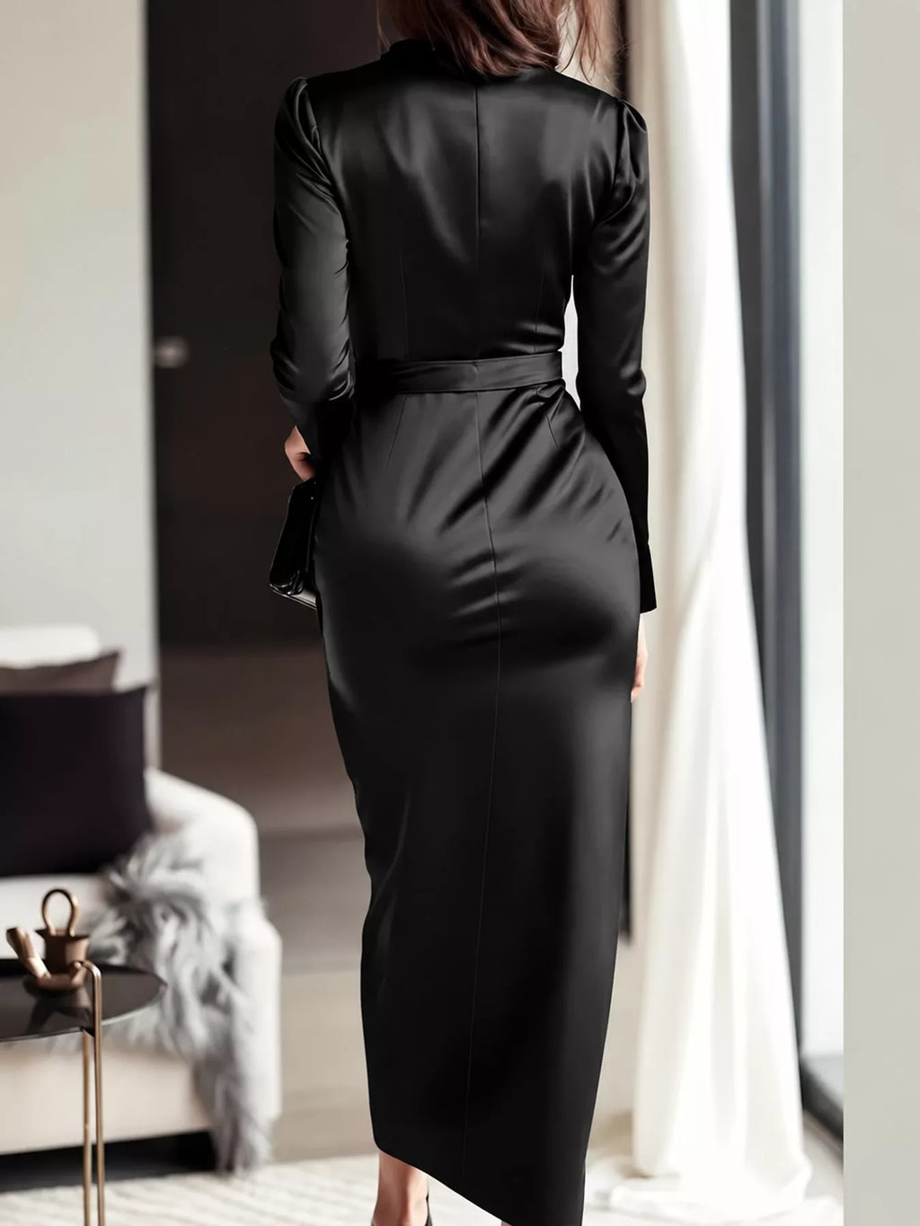 Satin Surplice Tie-Waist Long-Sleeve Midi Dress