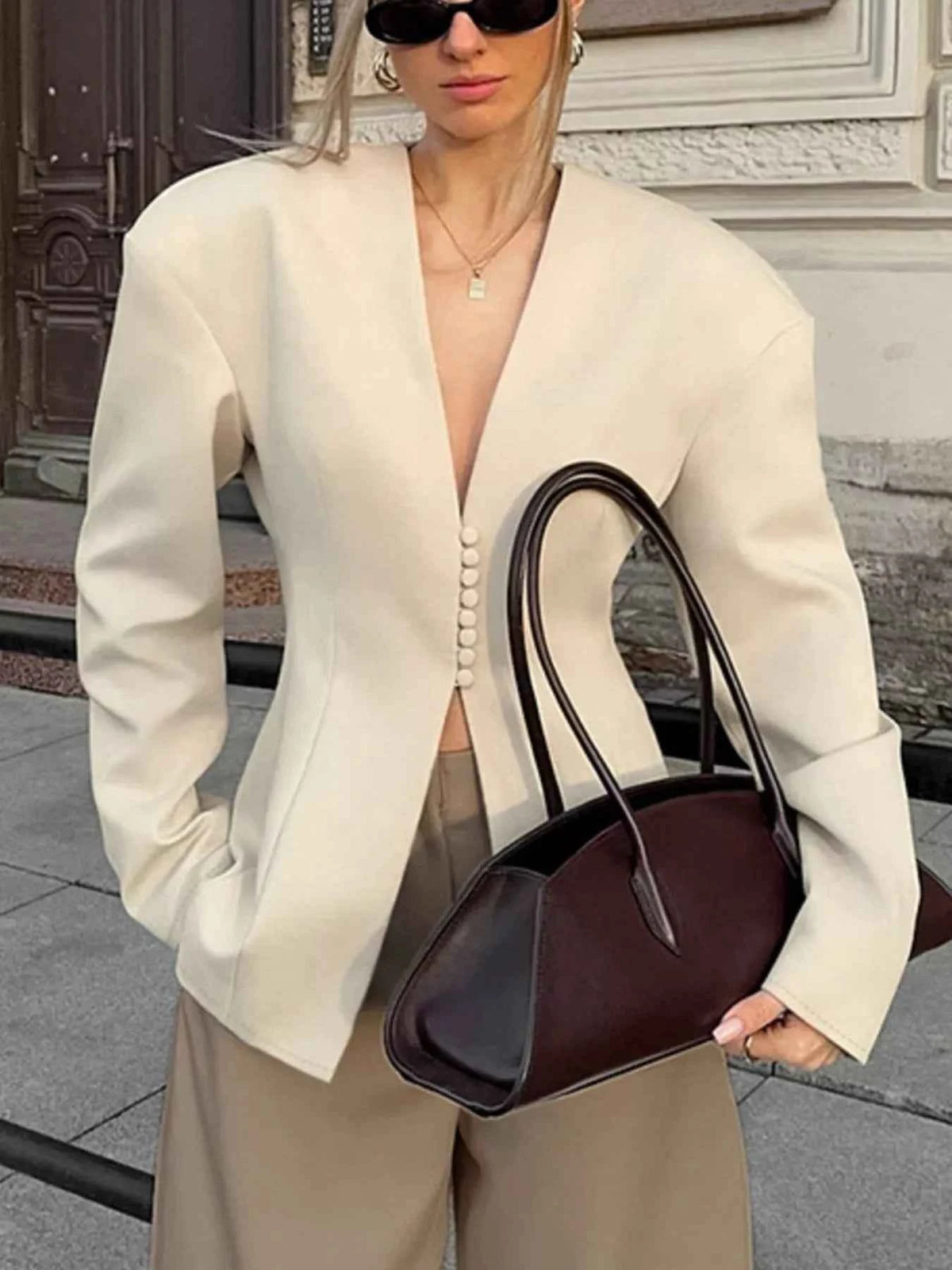Beige Unlined V-Neck Button-Front Blazer