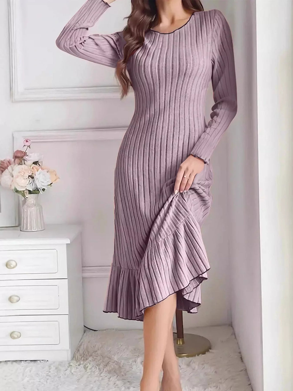 Long-Sleeve Ribbed Knit Ruffle-Hem Midi Dress, S–3XL