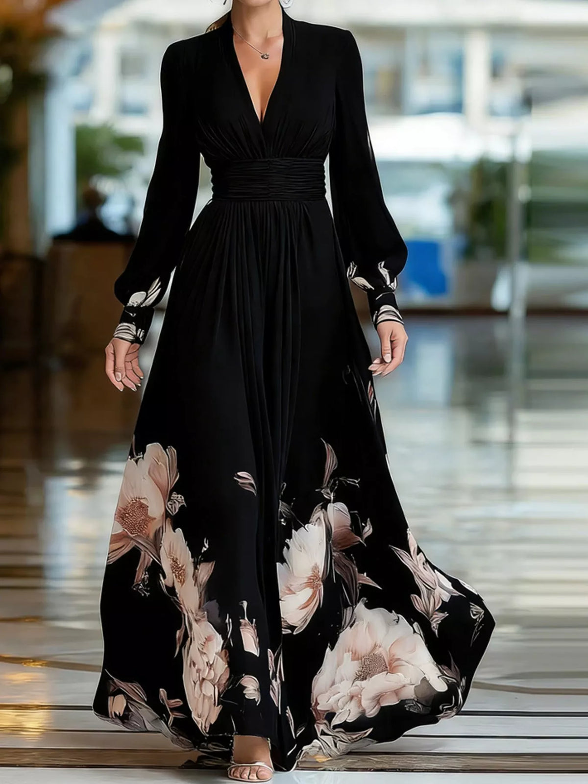 Floral V-Neck Sheer-Sleeve Ruched Maxi Dress