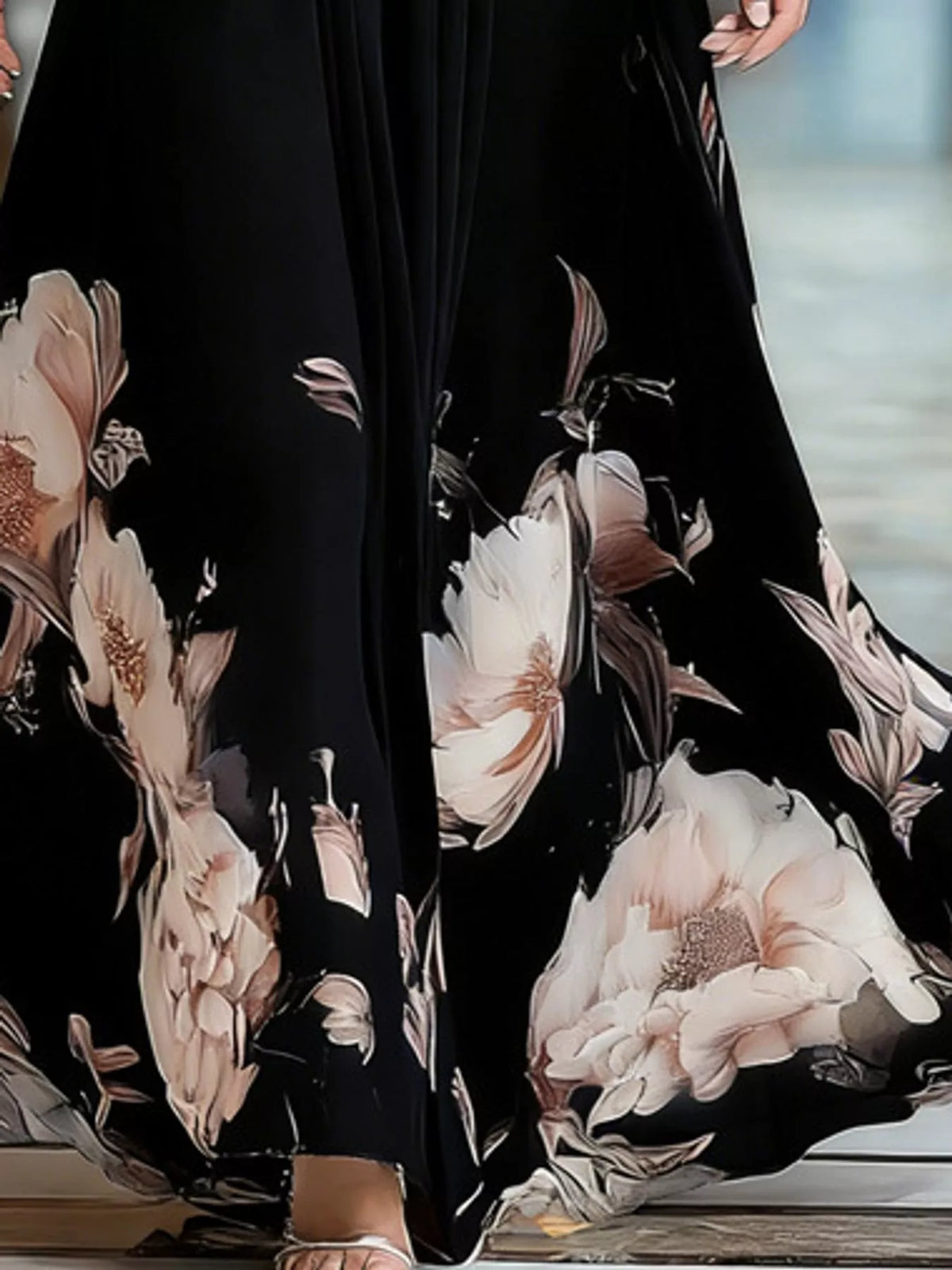 Floral V-Neck Sheer-Sleeve Ruched Maxi Dress
