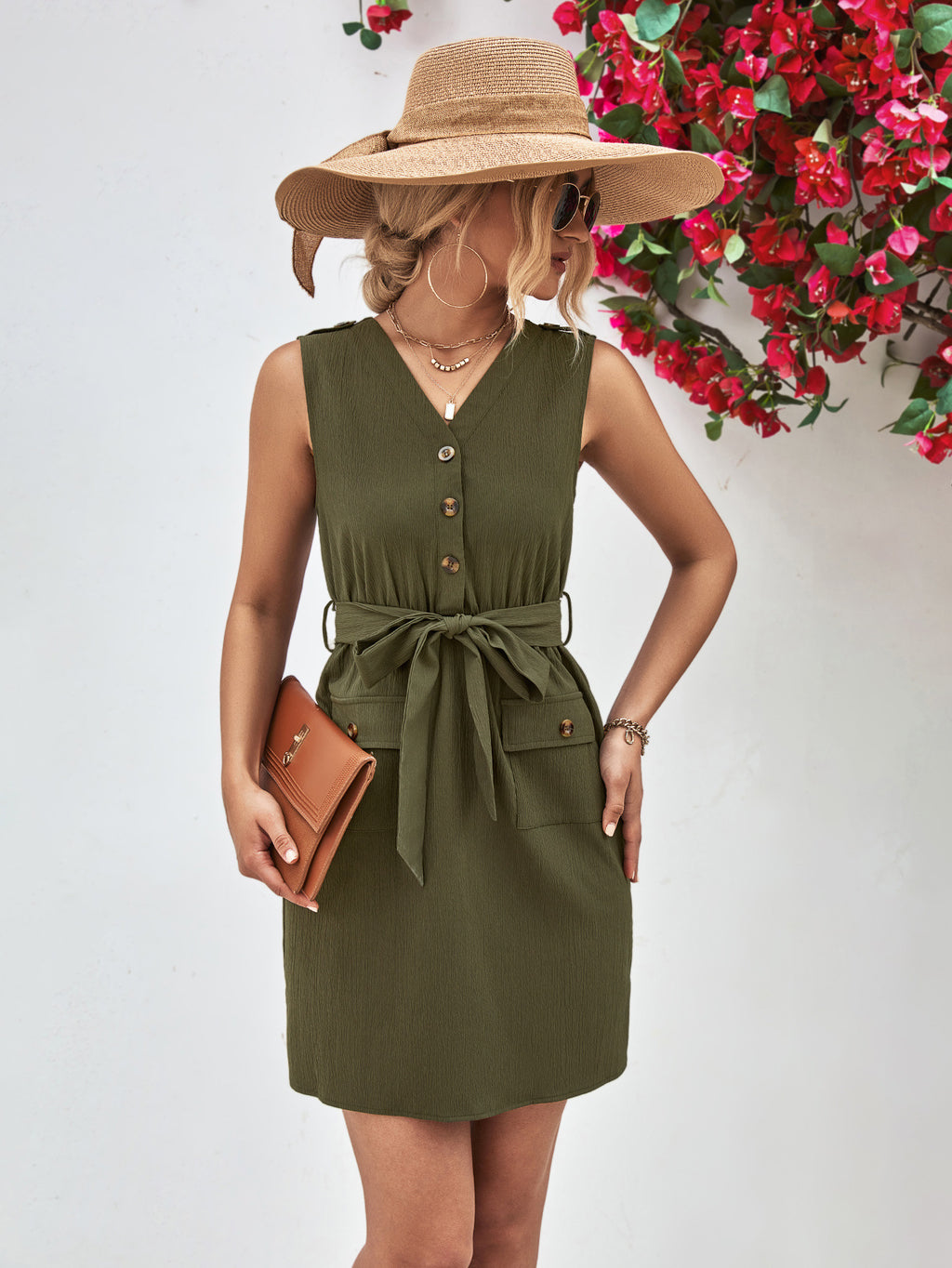 V-Neck Button-Detail Tie-Waist Sleeveless Mini Dress