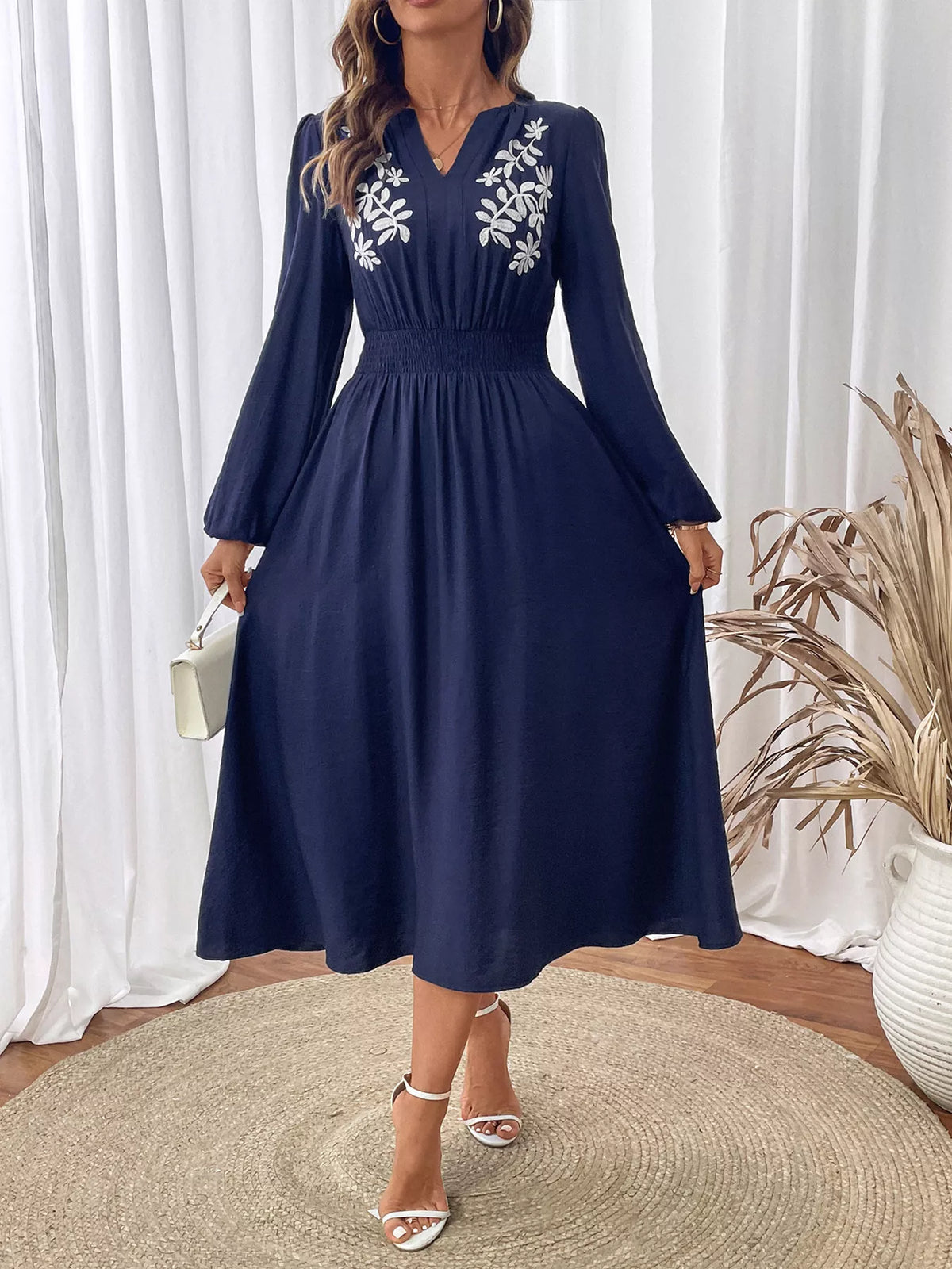 Navy Embroidered Notched-Neck Long-Sleeve Midi Dress