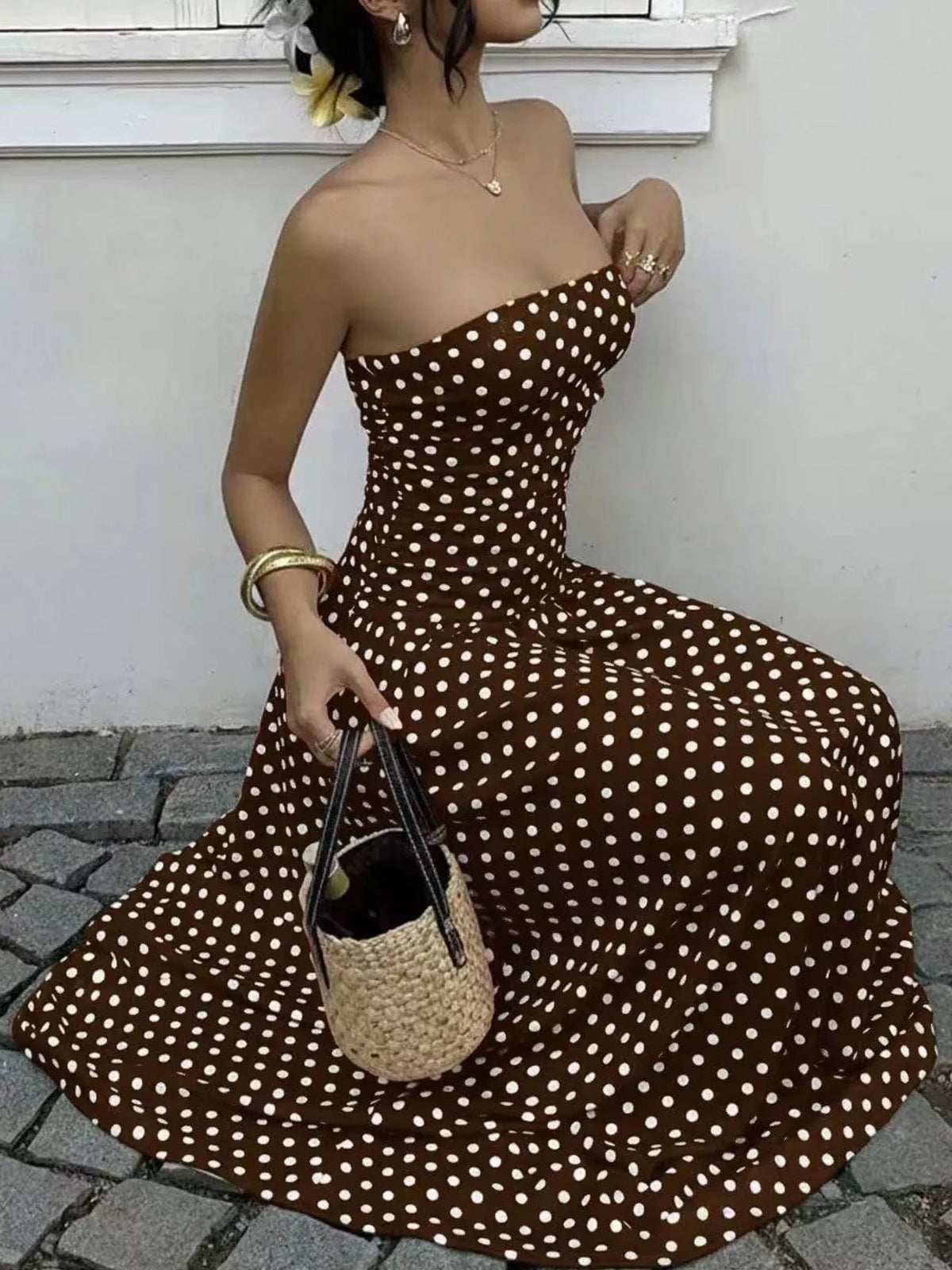 Strapless Polka-Dot Ruched Maxi Dress, S–2XL