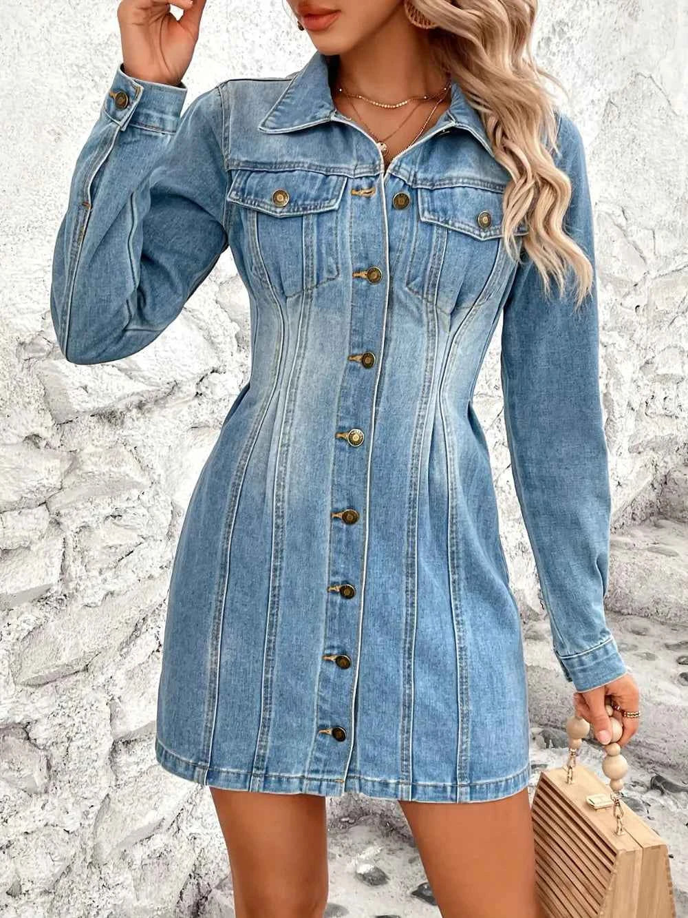 Button-Up Long-Sleeve Denim Dress with Pockets