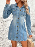 Button-Up Long-Sleeve Denim Dress with Pockets