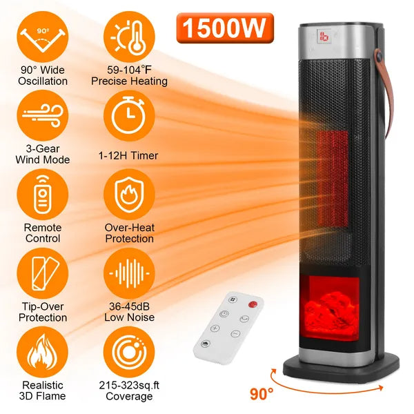 1500W Ceramic Tower Space Heater — 3D Flame Effect, 90° Oscillating, Remote Control & 12H Timer — Prime Trend Market