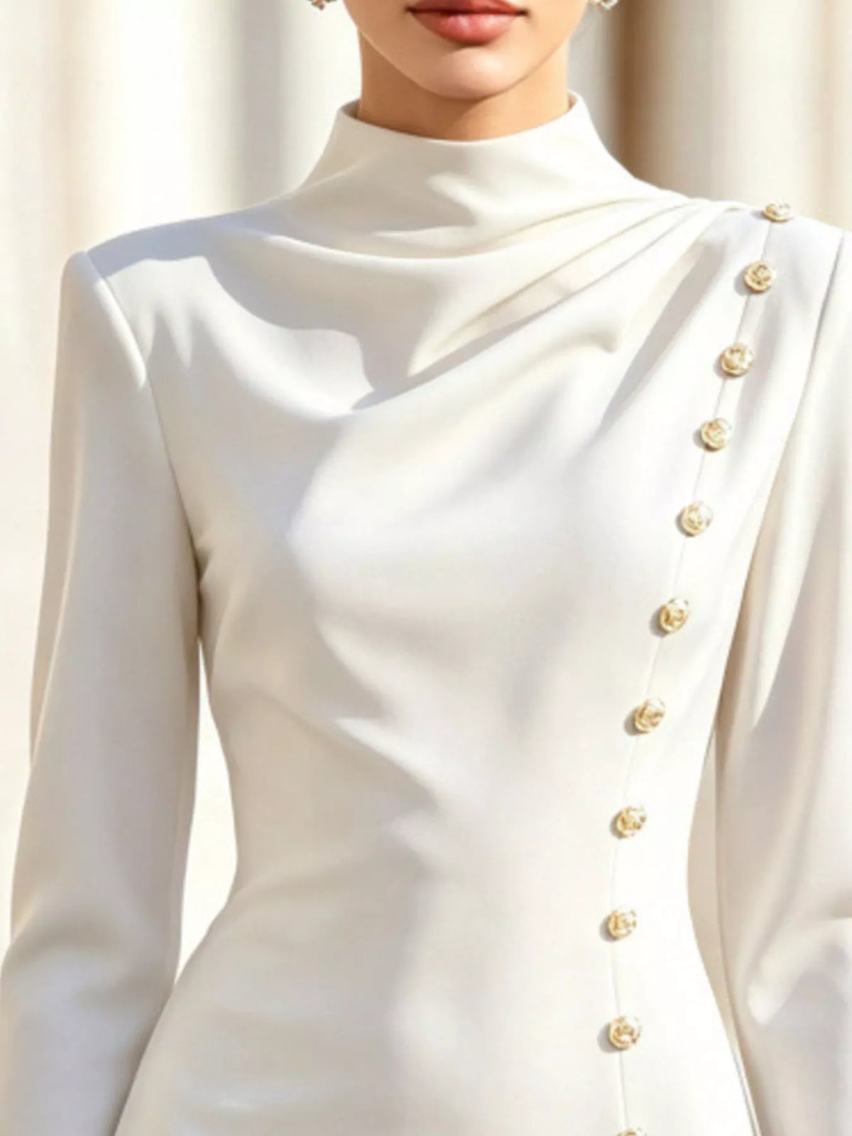 Mock-Neck Long-Sleeve Button-Detail Mini Dress