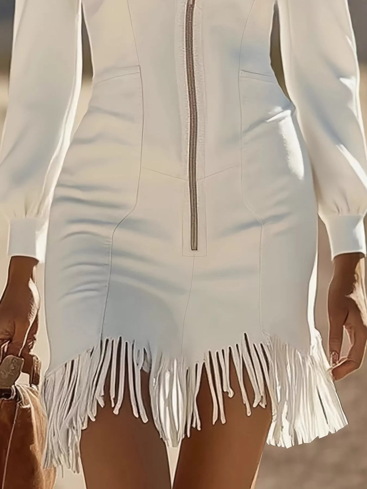 Zip-Front Long-Sleeve Fringe-Hem Mini Dress