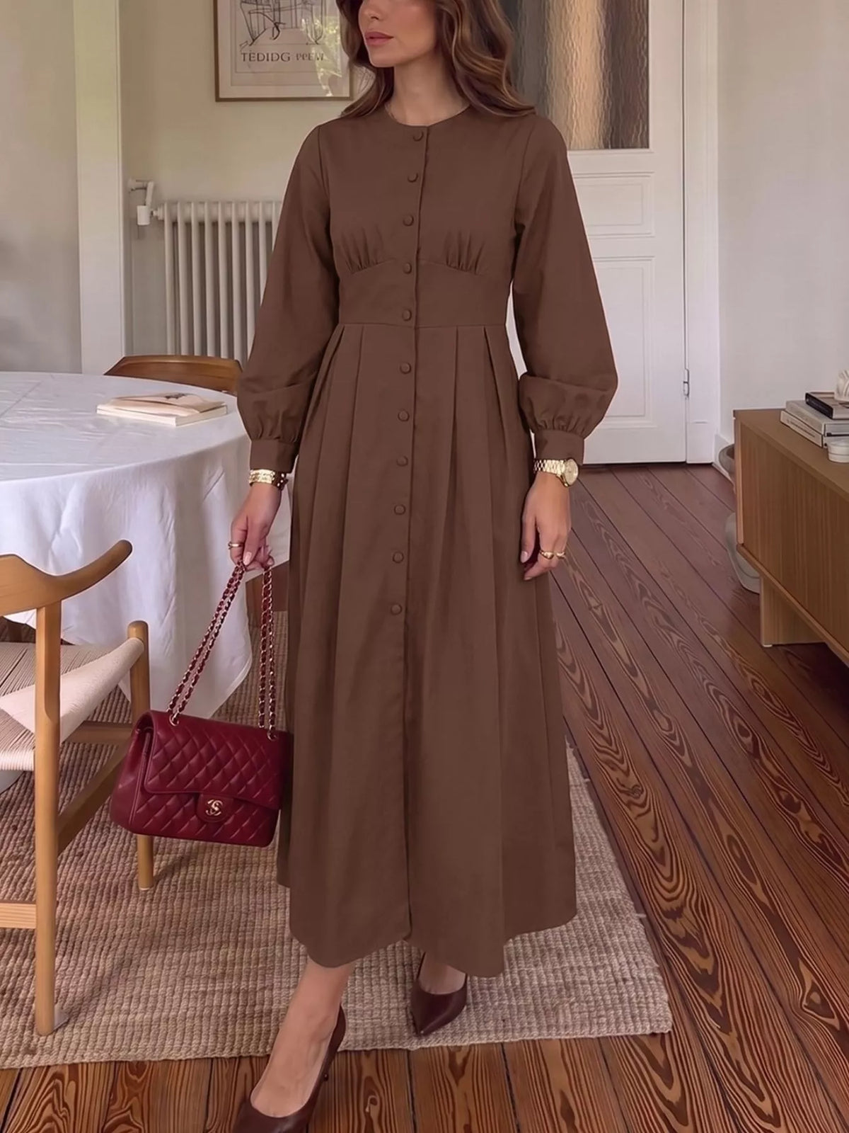 Coffee Brown Round-Neck Button-Front Long-Sleeve Midi Dress